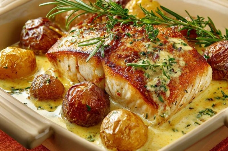 Knuspriger Kabeljau mit Babykartoffeln in Kräutersauce