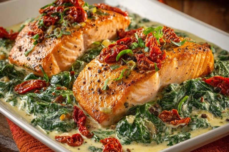 Knuspriger Lachs mit cremigem Spinat