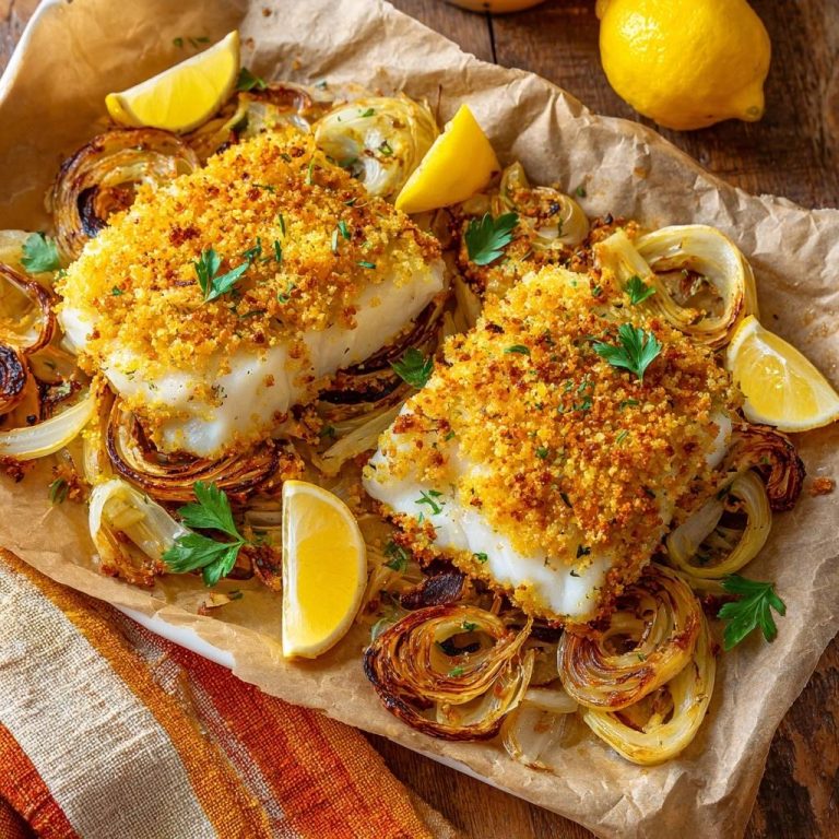 Knuspriger Ofenkabeljau mit Zitronenzwiebeln (Nie wieder weiche Panade!)