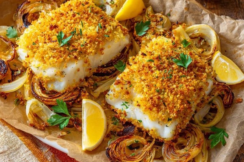 Knuspriger Ofenkabeljau mit Zitronenzwiebeln (Nie wieder weiche Panade!)