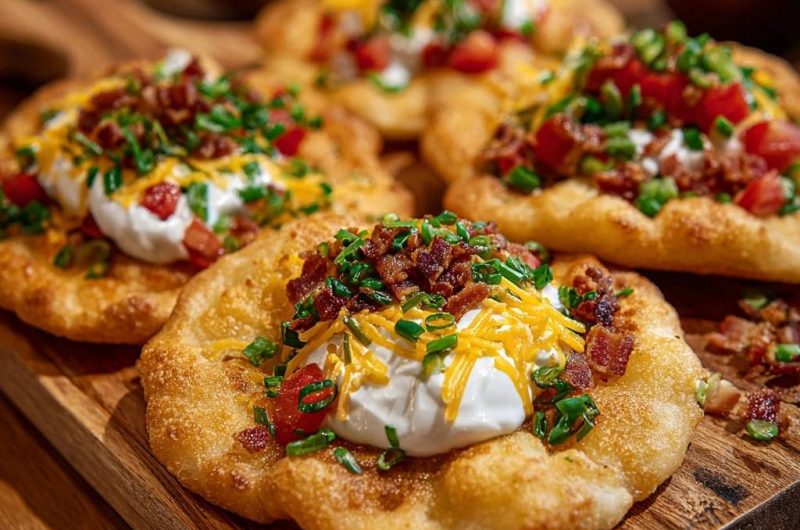 Knuspriges Fry Bread mit Bacon, Käse und Frische