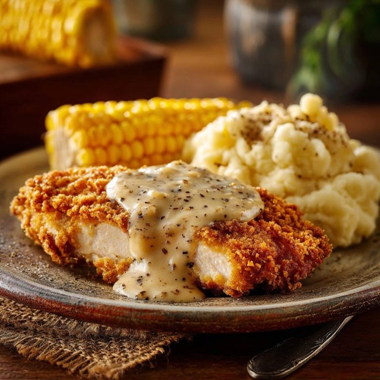 Knuspriges Hähnchen mit Pfeffersoße, Kartoffelpüree und Maiskolben