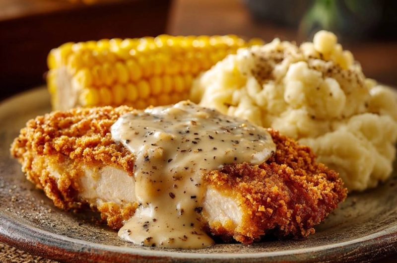 Knuspriges Hähnchen mit Pfeffersoße, Kartoffelpüree und Maiskolben