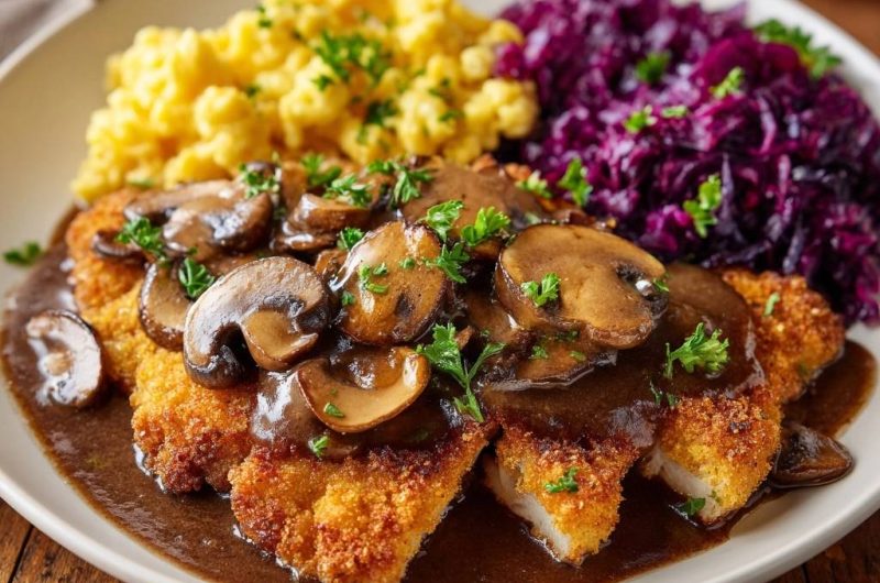 Knuspriges Hähnchenschnitzel mit Pilzrahmsauce