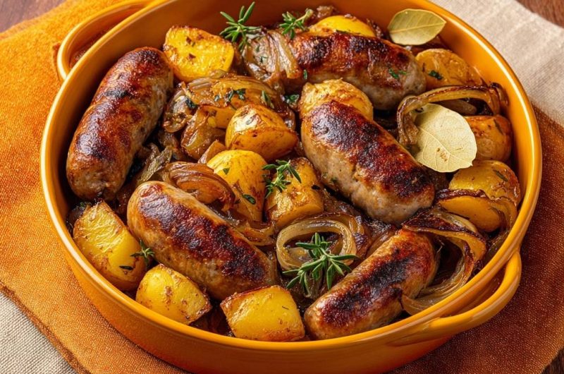 Ofen-Bratwürste mit Zwiebeln und Kartoffeln