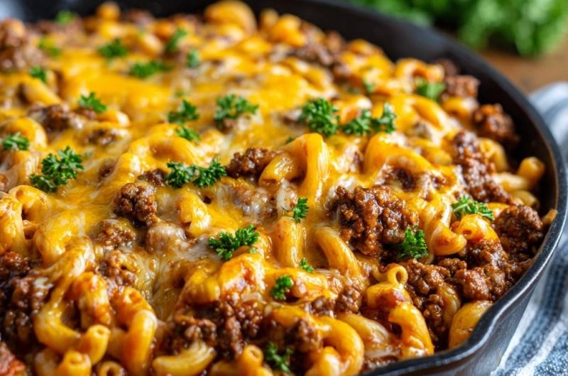 Pfannen-Rindfleisch-Macaroni mit Käse