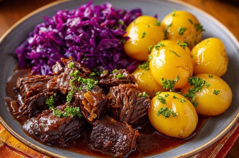 Rindergulasch mit Rotkohl und Petersilienkartoffeln