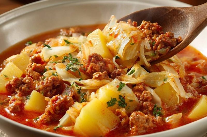 Rustikales Hackfleisch-Gulasch mit Weißkohl und Kartoffeln (Nie wieder matschiger Kohl!)