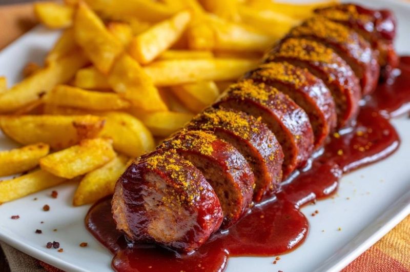 Saftige Curry-BBQ-Wurst mit Pommes
