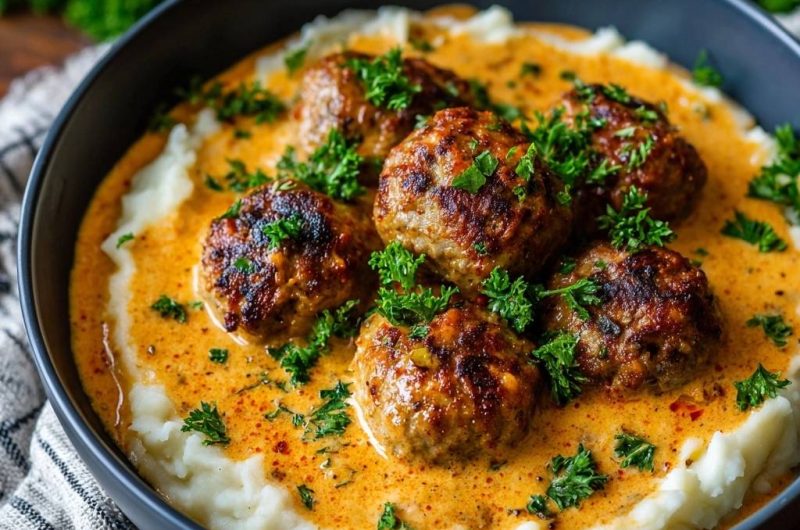Saftige Fleischbällchen in Paprika-Sauce mit Püree