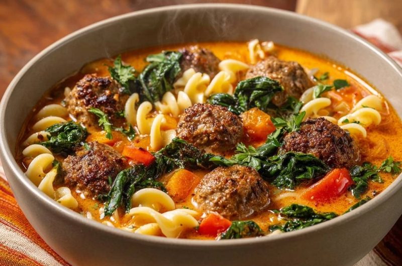 Saftige Fleischbällchen in cremiger Gemüsesuppe mit Fusilli & Spinat