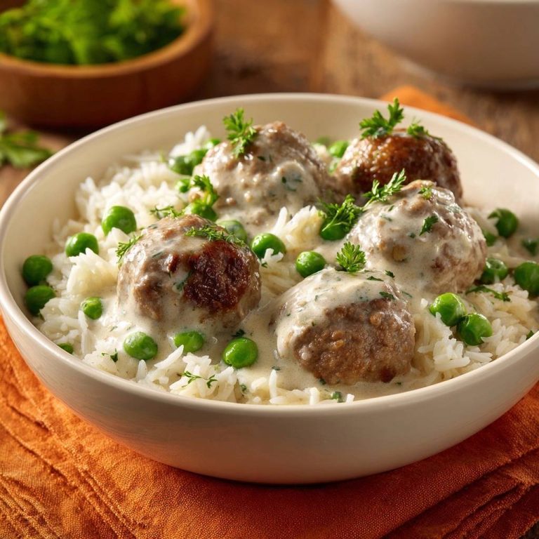 Saftige Hackbällchen in cremiger Erbsen-Sahnesoße mit Reis
