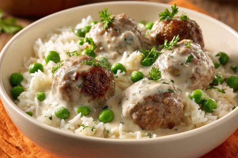 Saftige Hackbällchen in cremiger Erbsen-Sahnesoße mit Reis