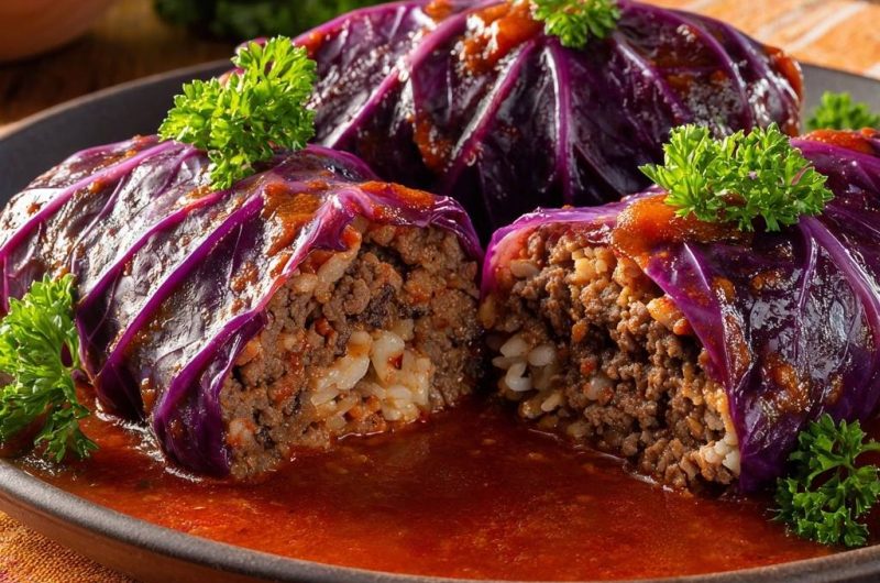 Saftige Roter-Kohl-Rouladen mit Hackfüllung