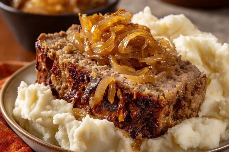 Saftiger Hackbraten mit karamellisierten Zwiebeln und cremigem Püree