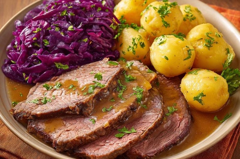 Saftiger Rinderbraten mit Rotkohl und Petersilienkartoffeln