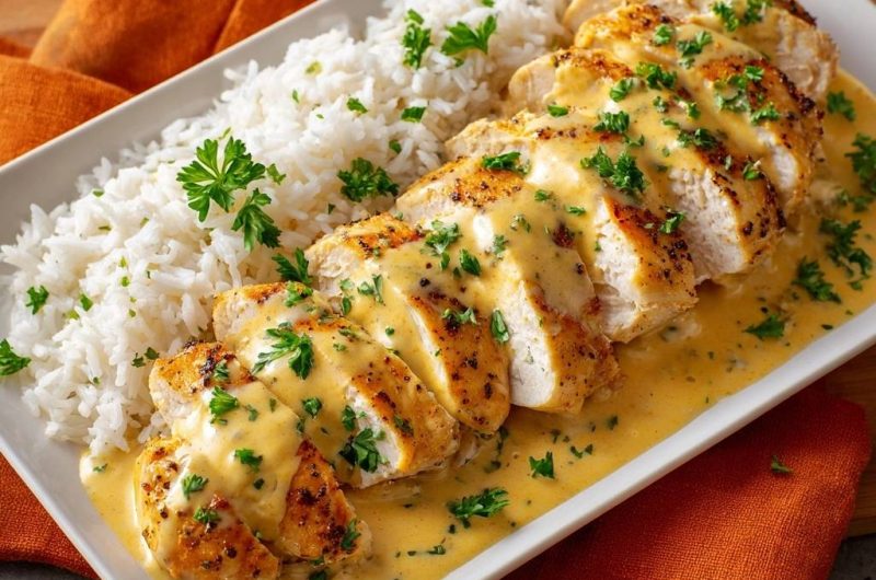 Saftiges Hähnchen in cremiger Senfsauce mit Reis