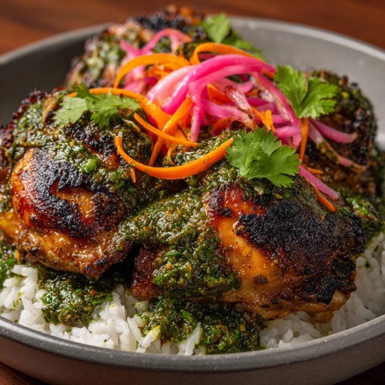 Saftiges Koriander-Hähnchen mit Pickles auf Reis