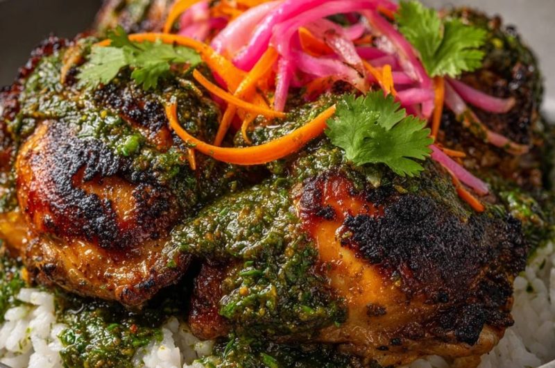 Saftiges Koriander-Hähnchen mit Pickles auf Reis