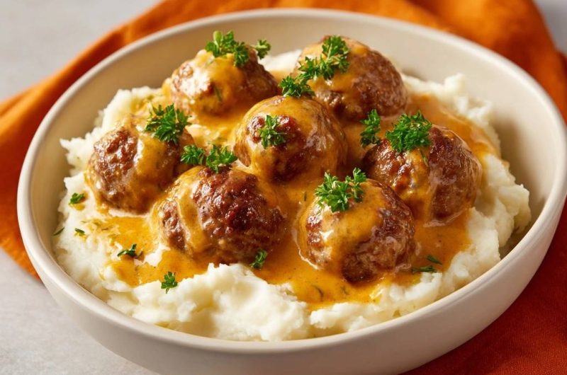 Schwedische Fleischbällchen mit Sahnesauce und Kartoffelpüree