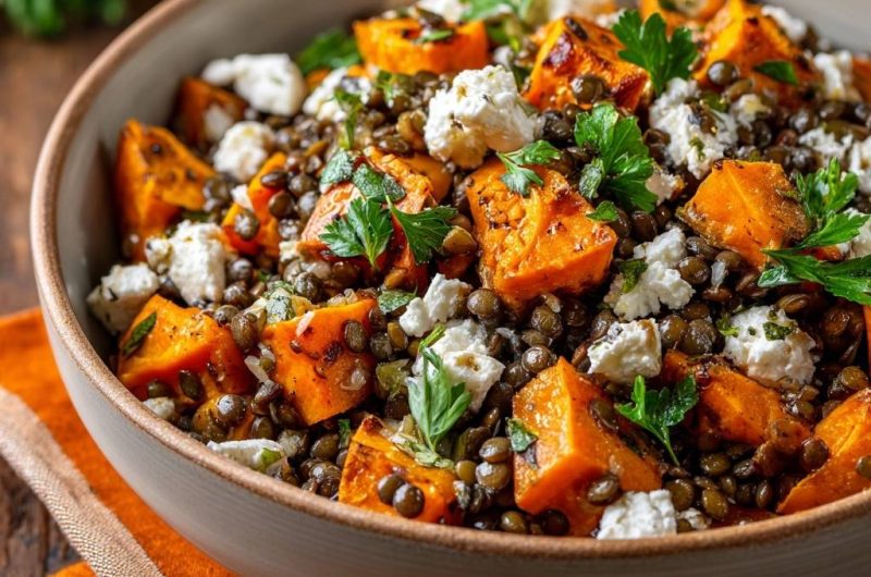 Warme Süßkartoffel-Linsen-Bowl mit Feta