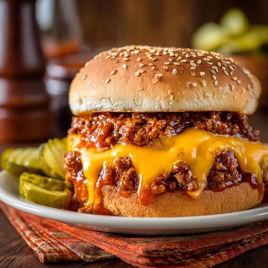Amerikanischer Sloppy Joe Burger in Nahaufnahme, mit geschmolzenem Käse und saftigem Hackfleisch auf einem Sesambrötchen serviert.