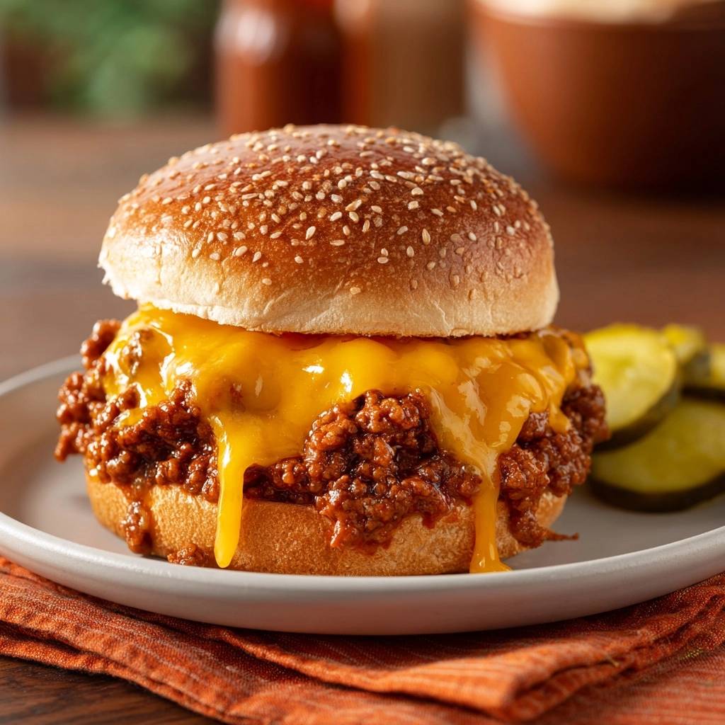 Amerikanischer Sloppy Joe Burger serviert auf einem Teller, mit geschmolzenem Käse und einer Seite eingelegter Gurken. Ein herzhafter Genuss!