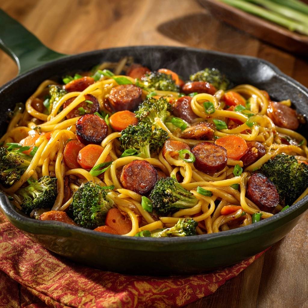 Asiatische Nudel Wok Pfanne Mit Brokkoli Nahaufnahme 1 Asiatische Nudel-Wok-Pfanne mit Brokkoli, Karotten & Wurst in Nahaufnahme, dampfend heiß in der schwarzen Pfanne serviert.