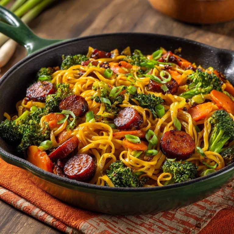 Asiatische Nudel-Wok-Pfanne mit Brokkoli, Karotten & Wurst in einer Nahaufnahme, serviert in einer grünen Pfanne mit frischen Kräutern.