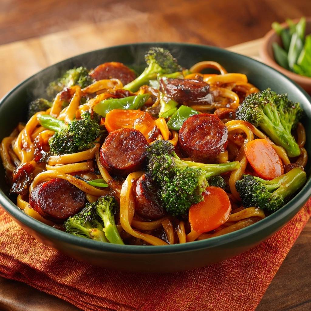 Asiatische Wurst-Brokkoli-Nudeln in einer Nahaufnahme serviert, dampfend und mit knuspriger Wurst und frischem Gemüse.