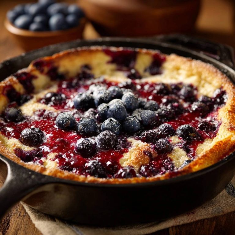 Beeren-Dutch-Baby-Pfannkuchen, serviert in einer gusseisernen Pfanne, mit frischen Blaubeeren und Puderzucker bestreut.