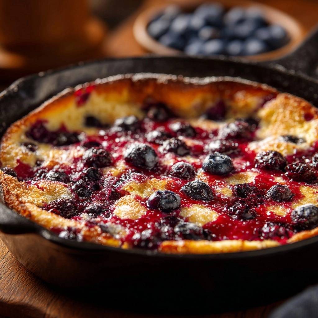 Beeren Dutch Baby Pfannkuchen Nahaufnahme 1 Beeren-Dutch-Baby-Pfannkuchen in Nahaufnahme, garniert mit frischen Blaubeeren und einer fruchtigen Sauce, serviert in der Gusseisenpfanne.