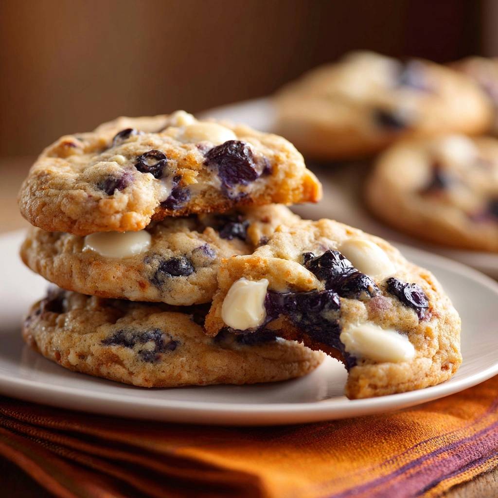 Blaubeer Weisse Schokolade Cookies Querschnitt 1 Blaubeer-Weiße-Schokolade-Cookies zeigen einen köstlichen Querschnitt, der die saftigen Blaubeeren und die weißen Schokoladenstücke enthüllt.