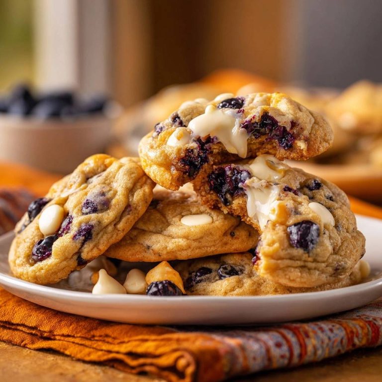 Blaubeer-Weiße-Schokolade-Cookies mit einem verführerischen Querschnitt, der die saftigen Blaubeeren und die geschmolzene weiße Schokolade zeigt.