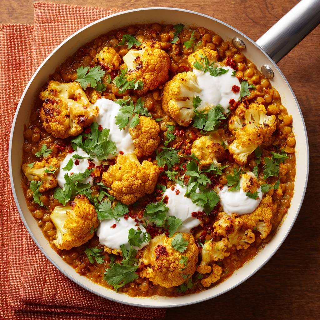 Blumenkohl-Dal, serviert in einer Pfanne, zeigt eine Draufsicht auf das Gericht mit knusprigem Blumenkohl und Joghurt-Topping.