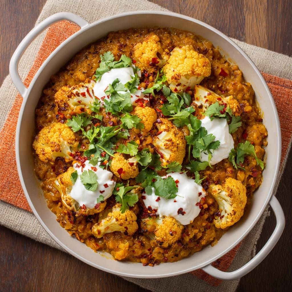 Blumenkohl-Dal, serviert in einer Pfanne, garniert mit frischem Koriander, Chili-Flocken und cremigem Joghurt. Ein köstliches vegetarisches Gericht.