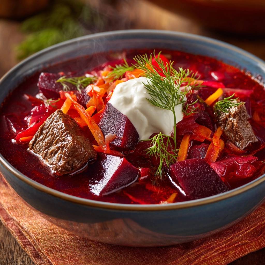 Borschtsch Mit Zartem Rind Nahaufnahme Serviert 1 Borschtsch mit zartem Rind in Nahaufnahme serviert, mit frischer Dill-Garnitur und einem Klecks Sauerrahm. Die dampfende Suppe ist reich an Gemüse und Fleisch.