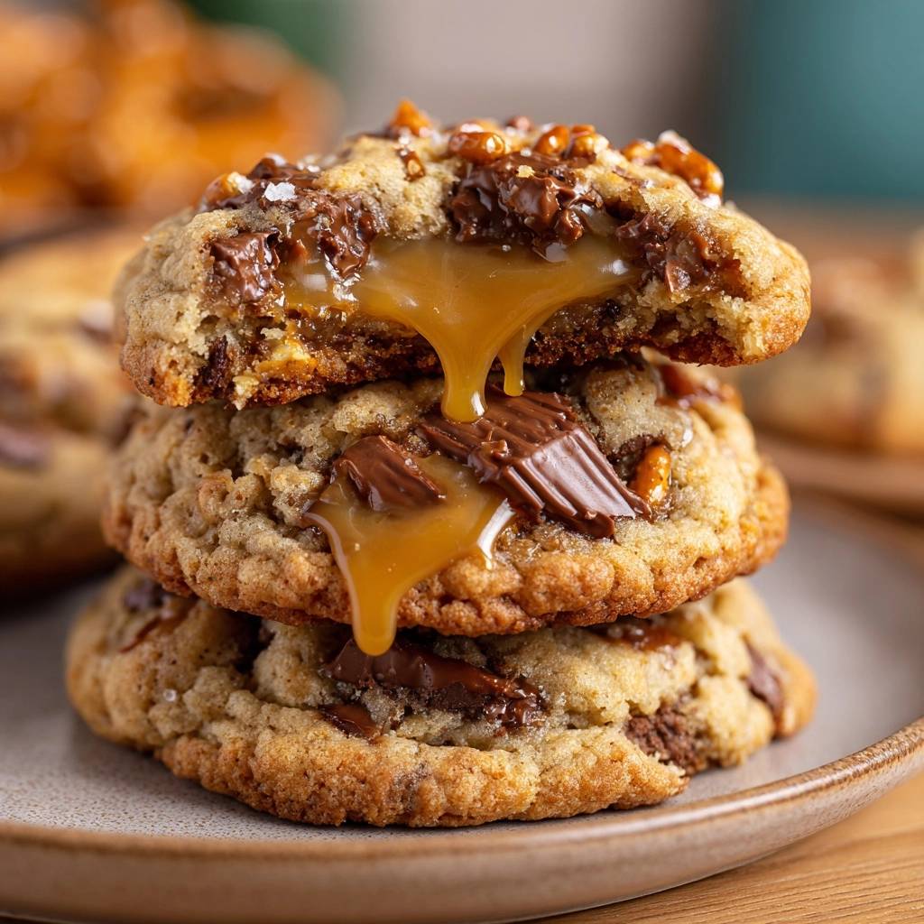 Brezel-Karamell-Schoko-Cookies in Nahaufnahme mit einem Anschnitt, der den flüssigen Karamell-Kern und Schokostücke zeigt.