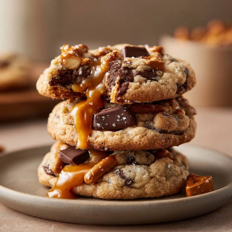 Brezel-Karamell-Schoko-Cookies in Nahaufnahme: Ein Cookie ist angeschnitten, wodurch der flüssige Karamellkern sichtbar wird.
