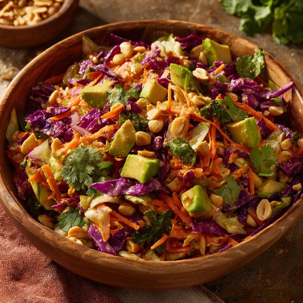 Bunter Avocado-Krautsalat mit Erdnüssen, eine Nahaufnahme mit sichtbaren Avocado-Würfeln, geriebenen Karotten und Rotkohl.