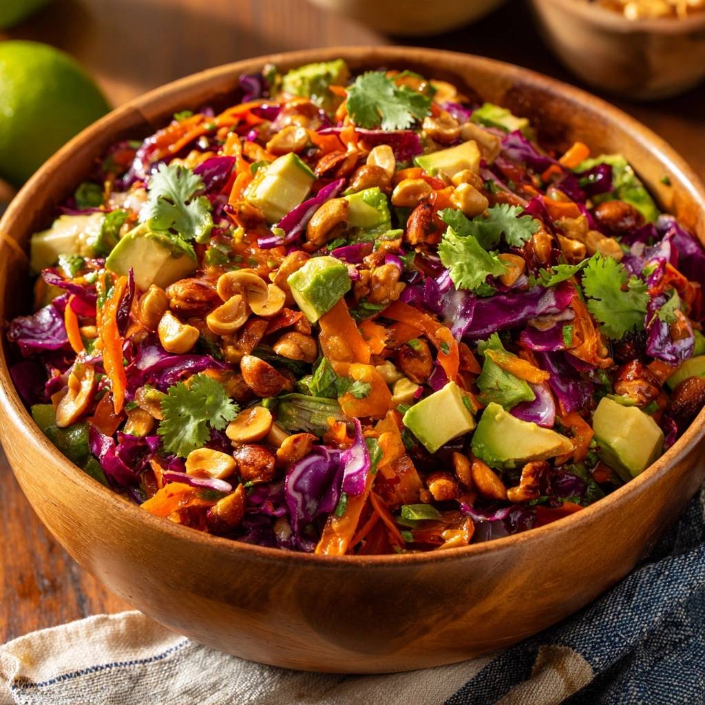 Bunter Avocado-Krautsalat mit Erdnüssen, eine Nahaufnahme des knackigen Salats in einer Holzschale, mit Avocado und Koriander garniert.