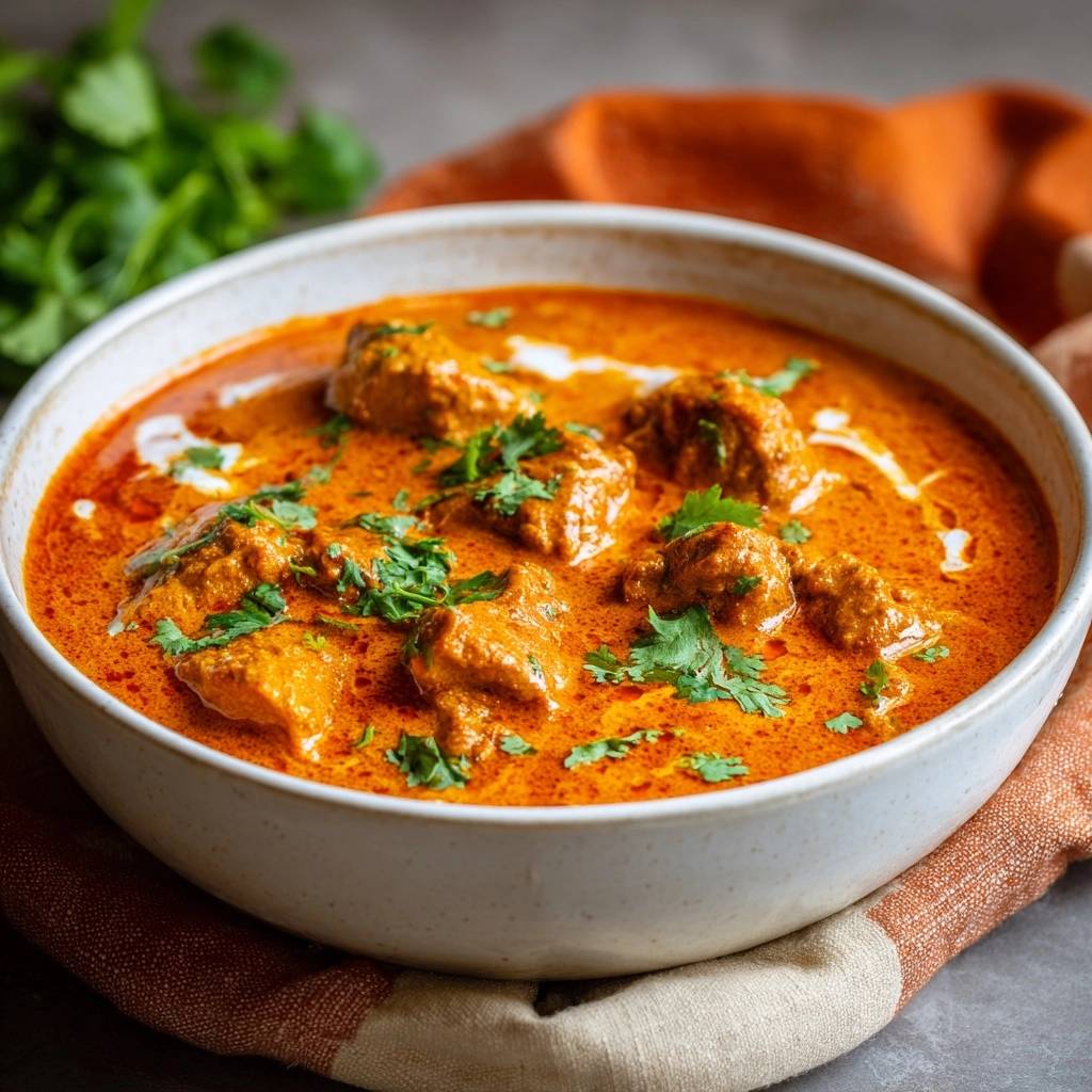 Butter Chicken, serviert in einer cremigen, roten Sauce, garniert mit frischem Koriander und einem Hauch Sahne, wird hier präsentiert.