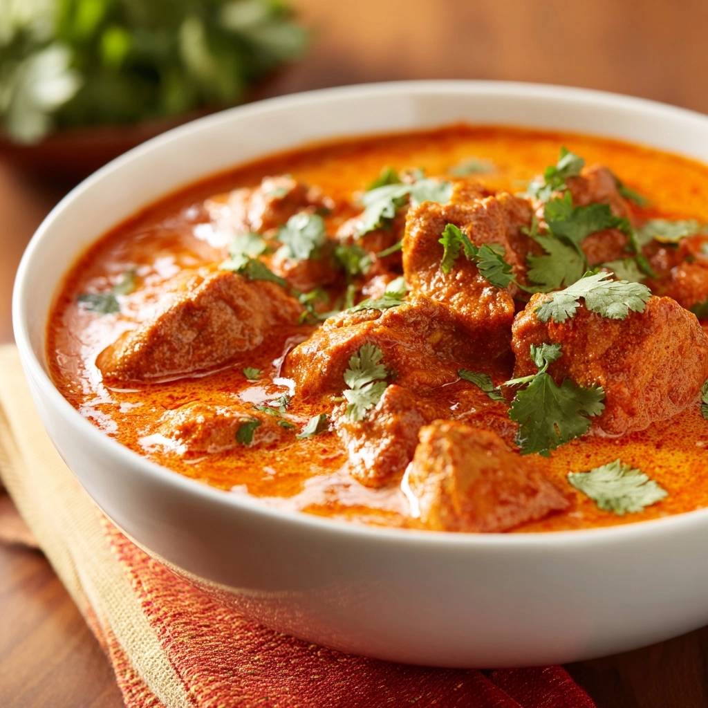 Butter Chicken Nahaufnahme Serviert 1 Butter Chicken in einer weißen Schüssel, garniert mit frischem Koriander, serviert auf einem Holztisch mit rotem Tuch.
