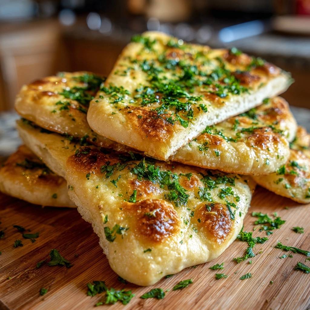 Butteriges Koriander Naan Gestapelt 1 Butteriges Koriander-Naan, gestapelt auf einem Holzbrett, mit frischem Koriander bestreut und goldbraun gebacken.