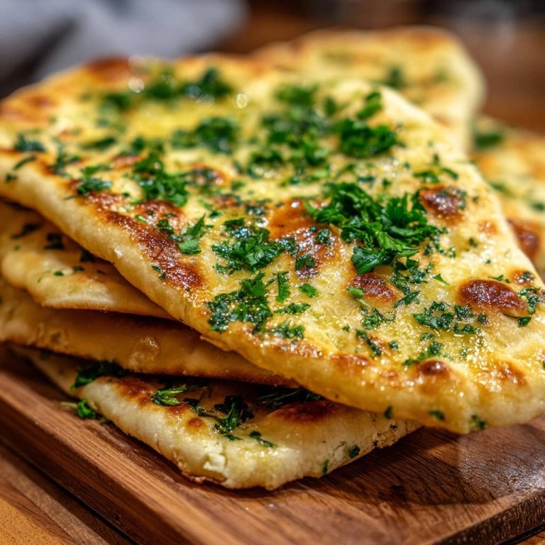 Butteriges Koriander-Naan, gestapelt auf einem Holzbrett, mit frischen Kräutern belegt und goldbraun gebacken.