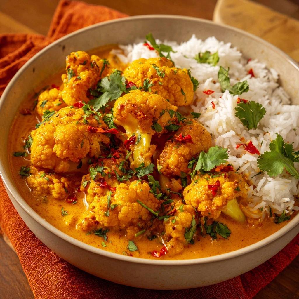 Cremiges Blumenkohl-Curry mit Reis, serviert in einer Schüssel, garniert mit Koriander und Chili.