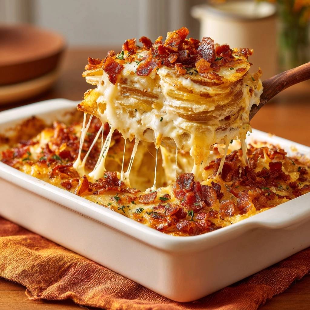 Cremig Kartoffelgratin Speck Angehoben 1 Cremiges Kartoffelgratin mit knusprigem Speck, das mit einem Holzlöffel angehoben wird und geschmolzenen Käse zeigt.