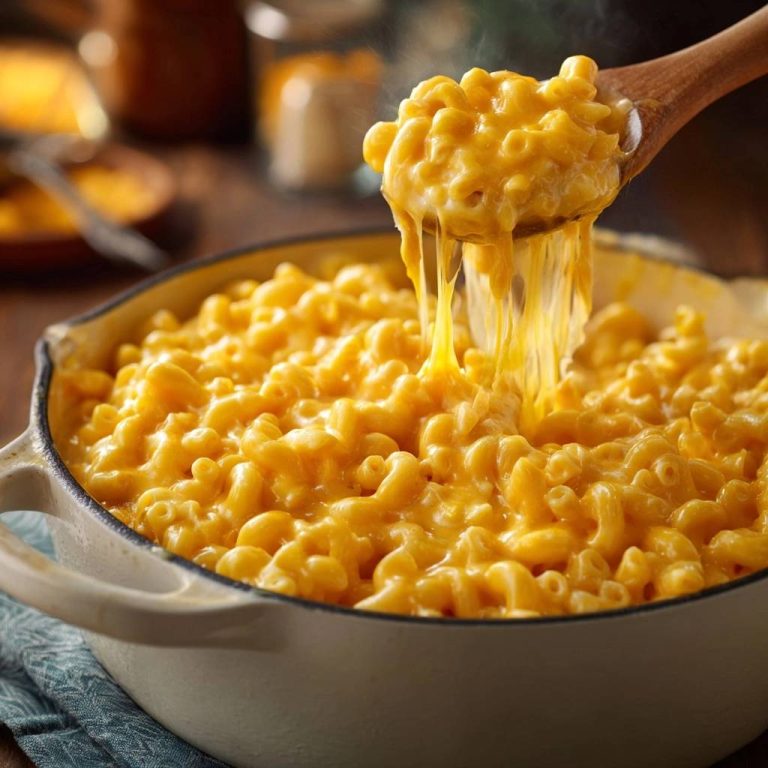 Cremiges Mac and Cheese mit geschmolzenem Käse, der sich zu langen Fäden zieht, serviert in einer rustikalen Auflaufform.