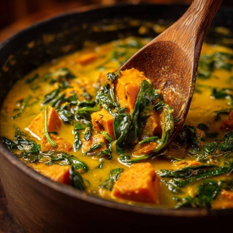 Cremiges Süßkartoffel-Spinat-Curry in Nahaufnahme, wobei ein Holzlöffel die cremige Textur und die Zutaten zeigt.