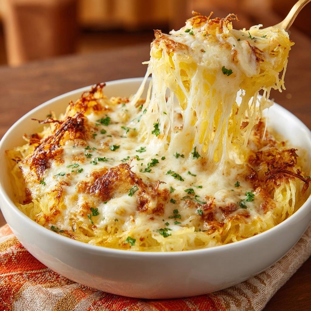 Cremig-überbackener Spaghetti-Kürbis mit geschmolzenem Käse, der sich appetitlich zieht und perfekt serviert wird. Ein köstliches Low-Carb Gericht.